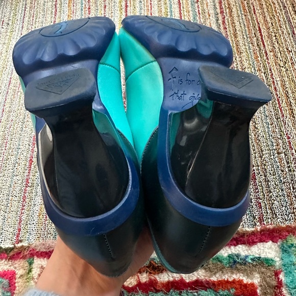 Fluevog LIKE NEW KKBB Liz turquoise/navy double strap MJ heel - 8.5 (fits 8) - Picture 16 of 16